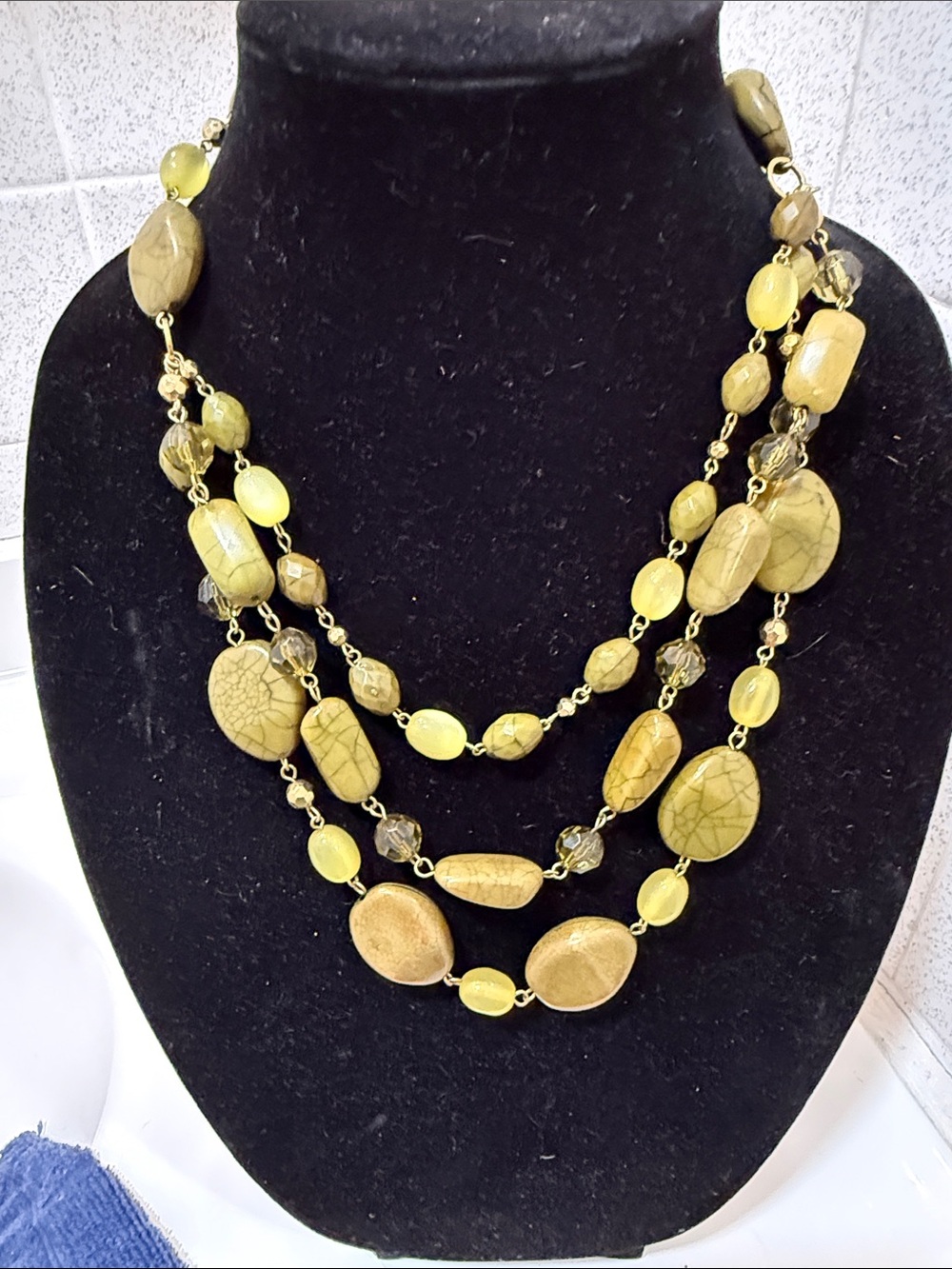 Multi-Strand olive green faux Stone Necklace with gold tone accents